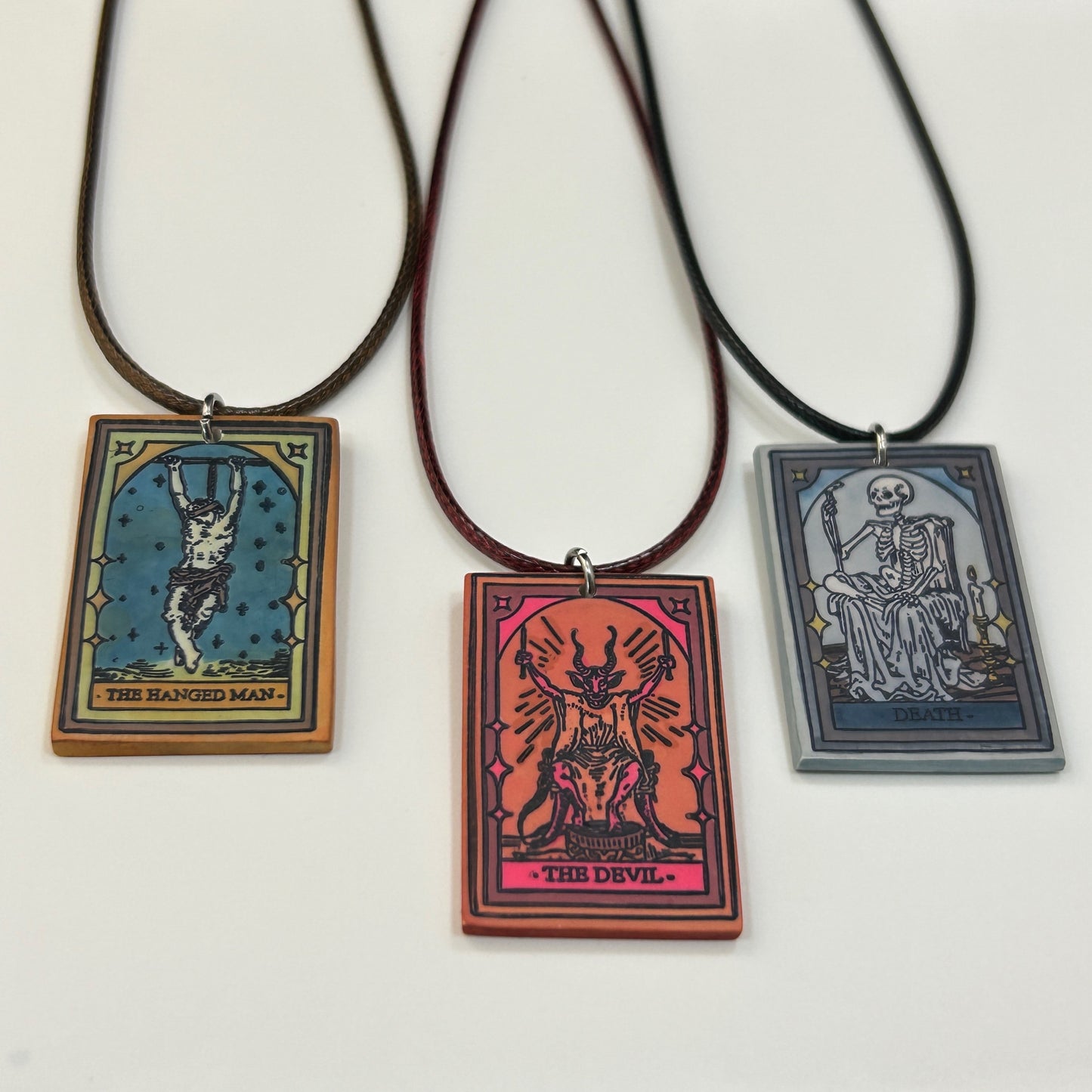 The Devil, Hanged Man, and Death- Trio of Tarot Card Pendant Necklaces